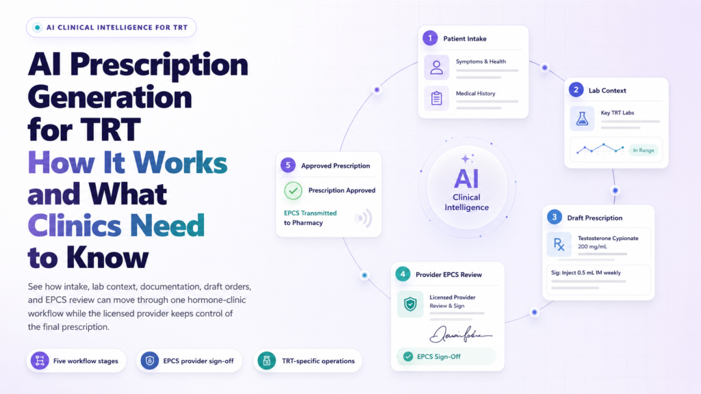 Diagram titled "AI Prescription Generation for TRT: How It Works and What Clinics Need to Know" detailing a 5-step hormone-clinic workflow powered by a central AI Clinical Intelligence engine. Step 1: Patient Intake (Symptoms, Health, Medical History). Step 2: Lab Context (Key TRT Labs). Step 3: Draft Prescription (Testosterone Cypionate 200 mg/mL, Inject 0.5 mL IM weekly). Step 4: Provider EPCS Review (Licensed Provider Review & Sign). Step 5: Approved Prescription (EPCS Transmitted to Pharmacy). Highlights how AI assists documentation while licensed providers retain full control over final prescription sign-off.