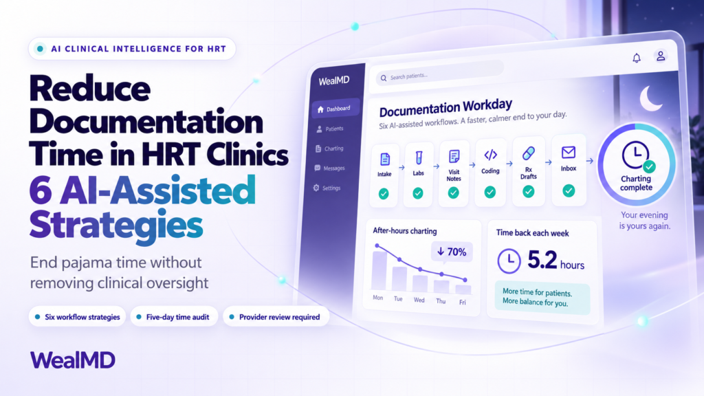 Blog banner graphic for WealMD titled "Reduce Documentation Time in HRT Clinics: 6 AI-Assisted Strategies," showing a platform dashboard highlighting a 70% reduction in after-hours charting and 5.2 hours saved per week.