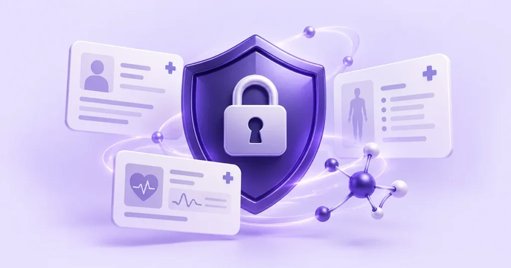 Purple privacy shield and lock surrounded by clinical records and connected AI nodes.