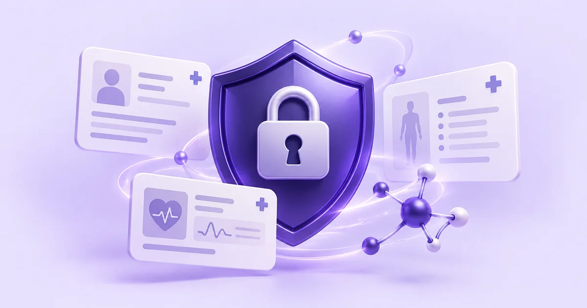 Purple privacy shield and lock surrounded by clinical records and connected AI nodes.