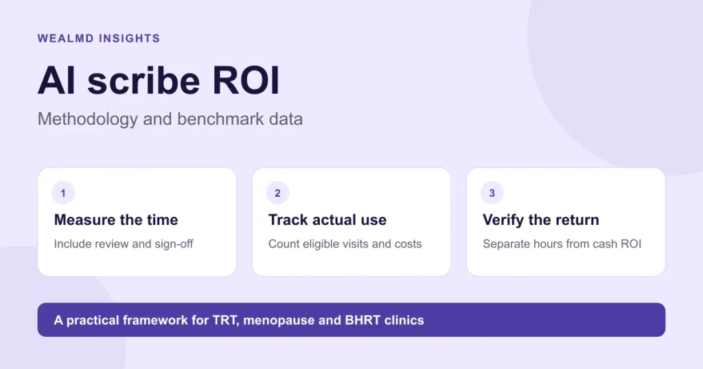AI scribe ROI framework: measure documentation time, track actual use and costs, and separate recovered hours from verified financial return.