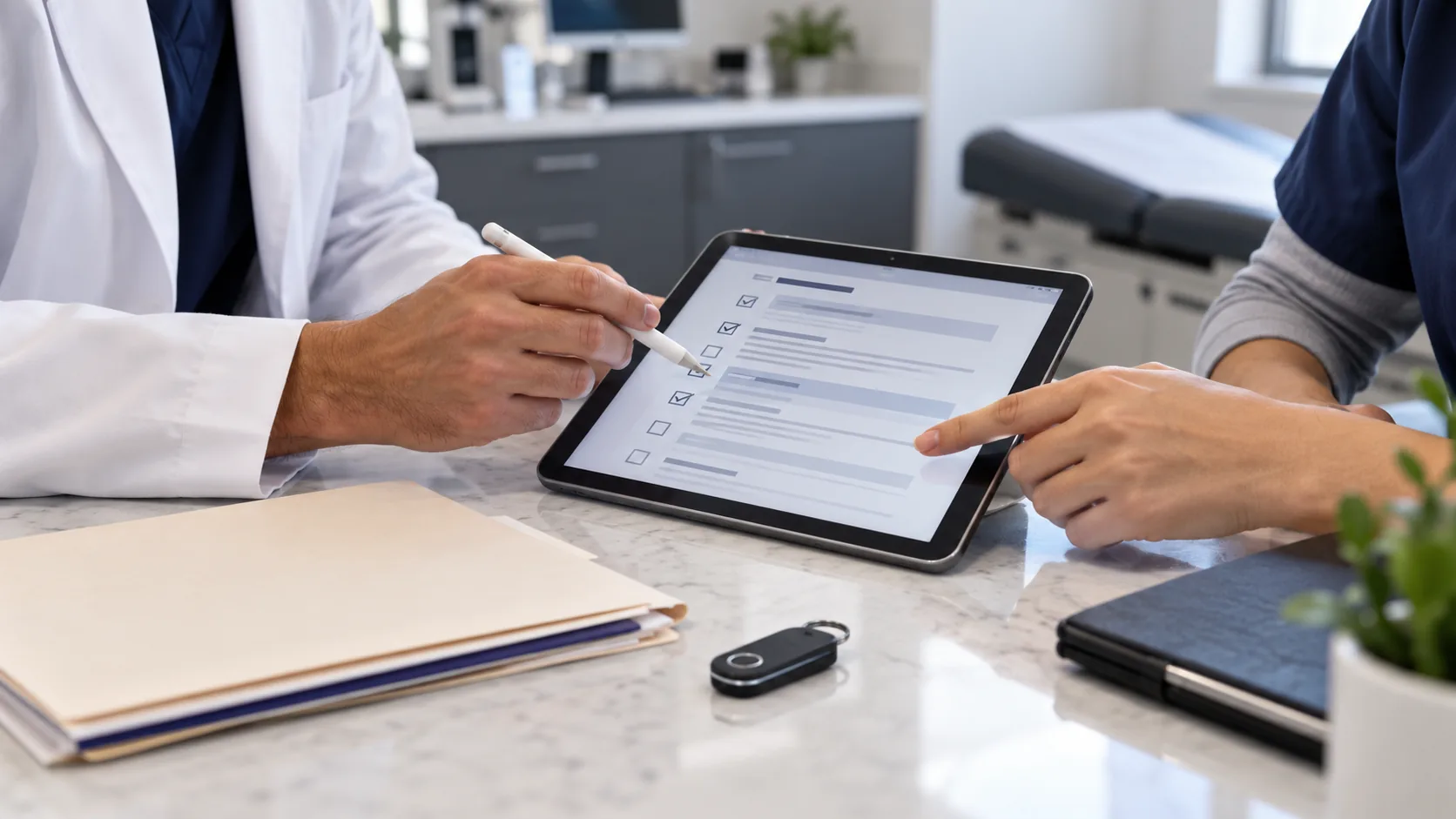 Two clinic professionals reviewing a prescribing compliance checklist on a tablet