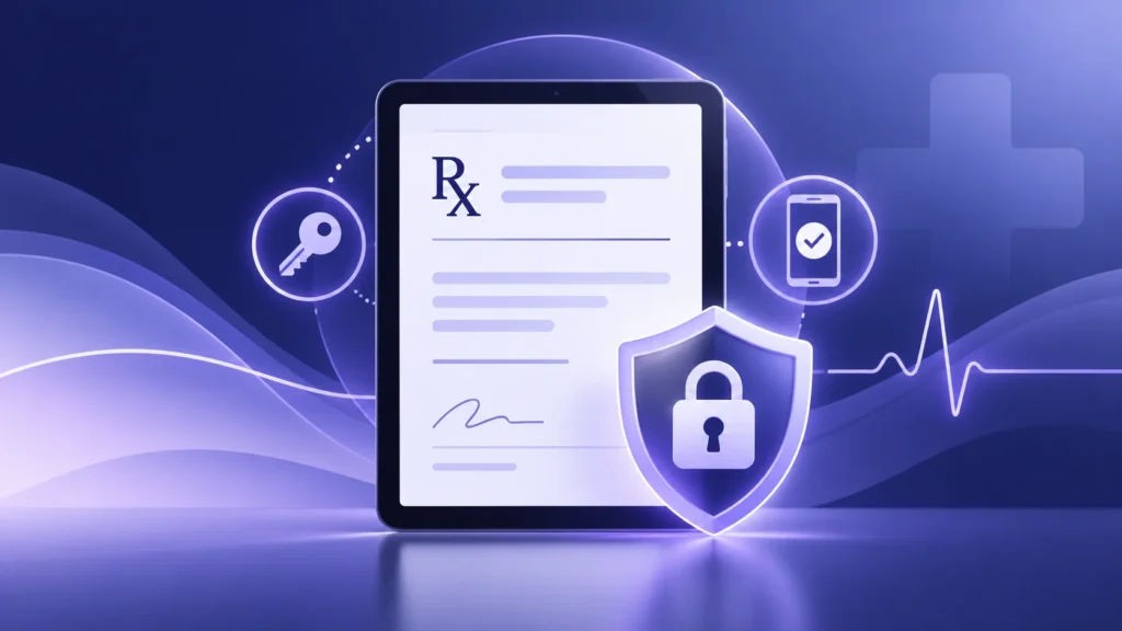 Electronic prescription on a tablet with lock and two-factor verification symbols