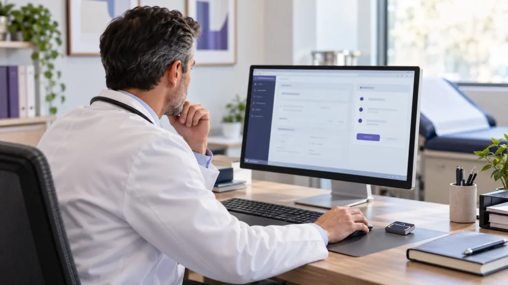 Clinician reviewing an electronic prescription at a clinic workstation